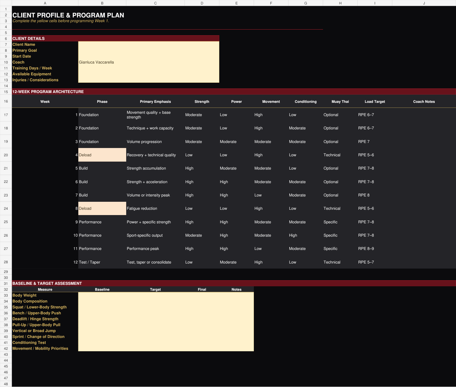 Trinacria Fitness client profile, 12-week program architecture and assessment template